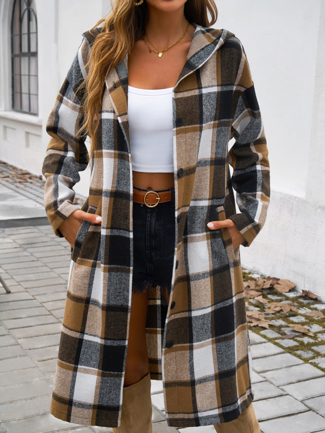 Plaid Long Sleeve Hooded Coat