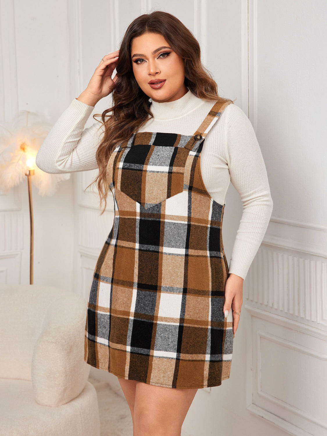 Plus Size Plaid Wide Strap Overall Dress